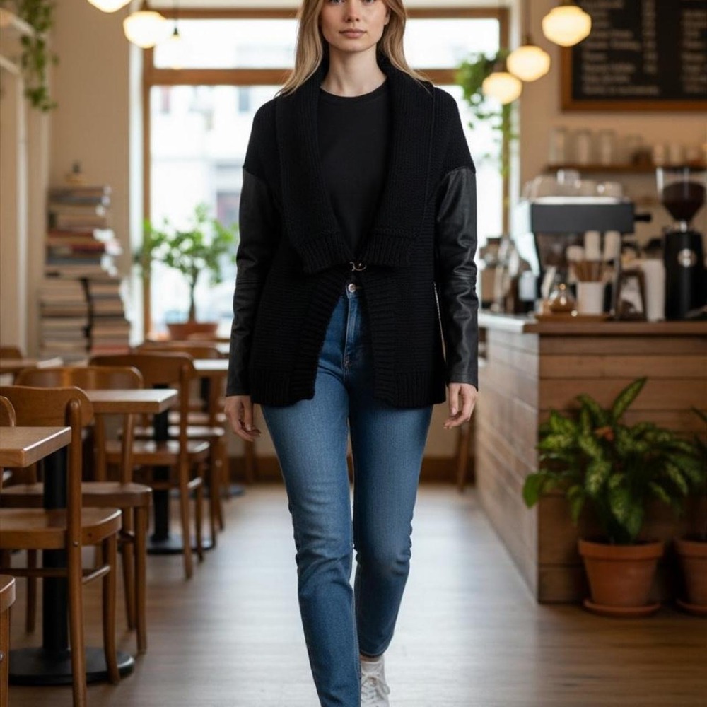 DOMA Black Wool Knit Leather Sleeve Buckle Shawl Cardigan Sweater Medium